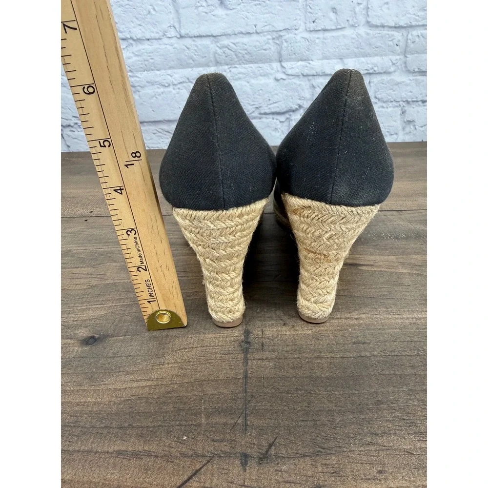 Tory Burch Black Canvas Bow Peep Toe Espadrille Wedge Sandals Womens 9.5